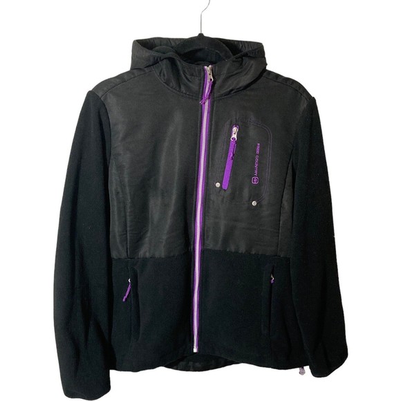 Free Country Soft Shell Fleece Hooded Jacket Womens Large Black/Purple Pockets - Picture 1 of 8